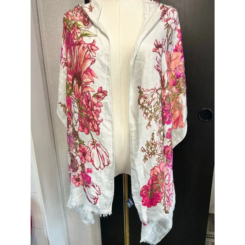 Scarf Max Edition Cream Pink Floral Rayon Coquette Boho Long Scarf Cottage core